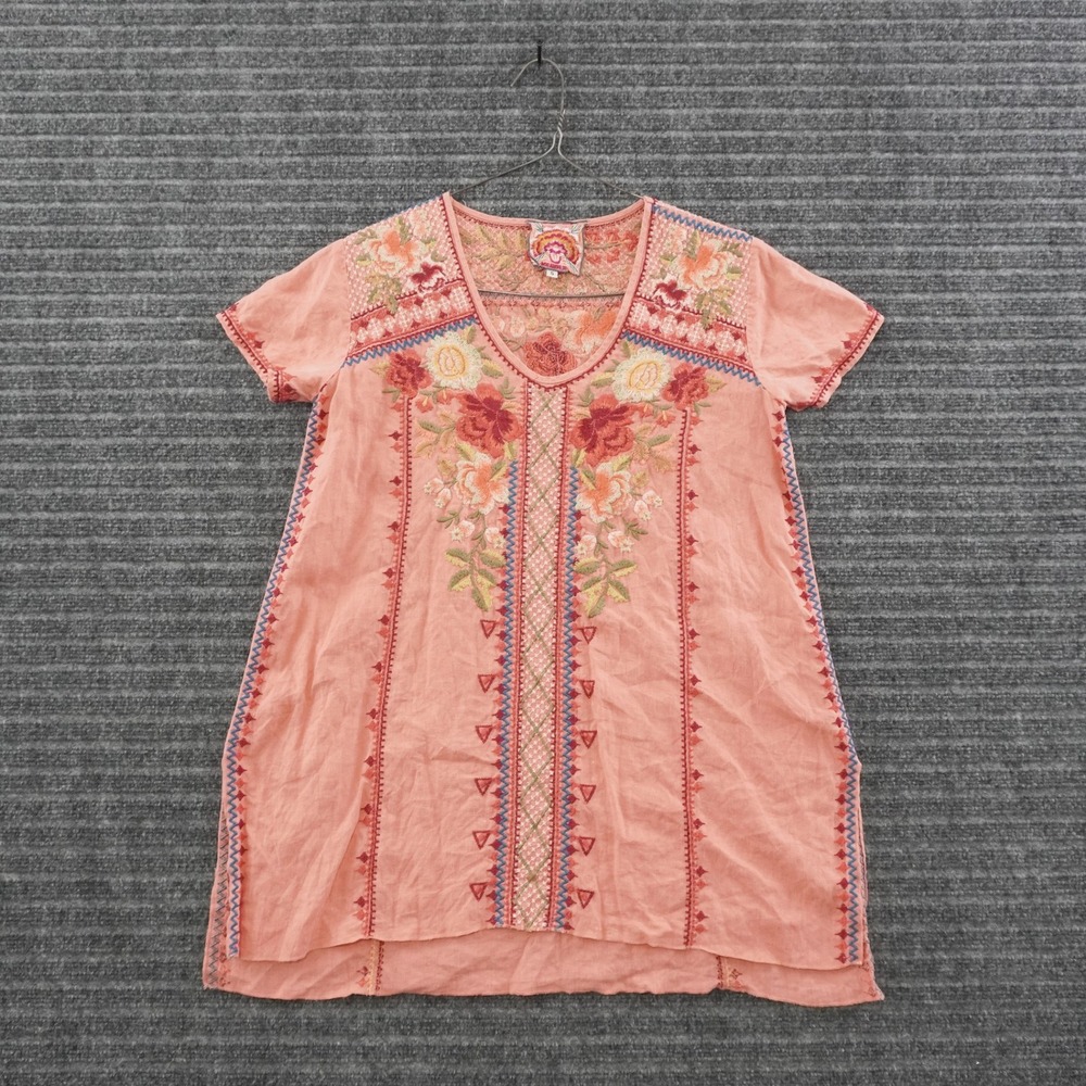 Johnny Was Embroidered Linen Tunic Top Womens Size S Pink Boho Floral Blouse